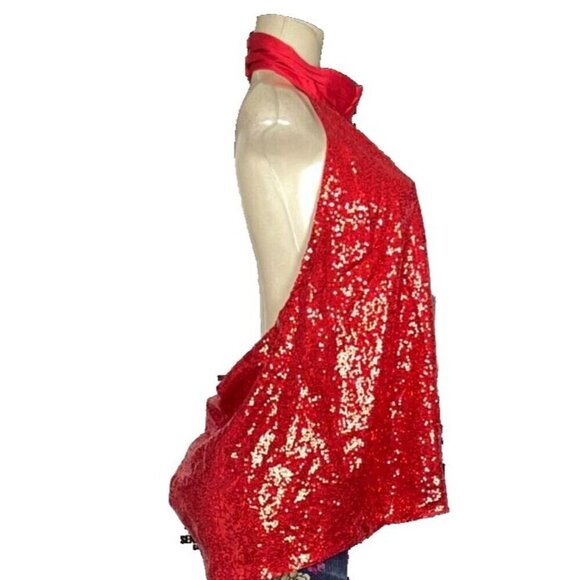 New York & Company +4X Red Sequin Lined High Satin Neck Open Back Halter Blouse - Picture 3 of 6